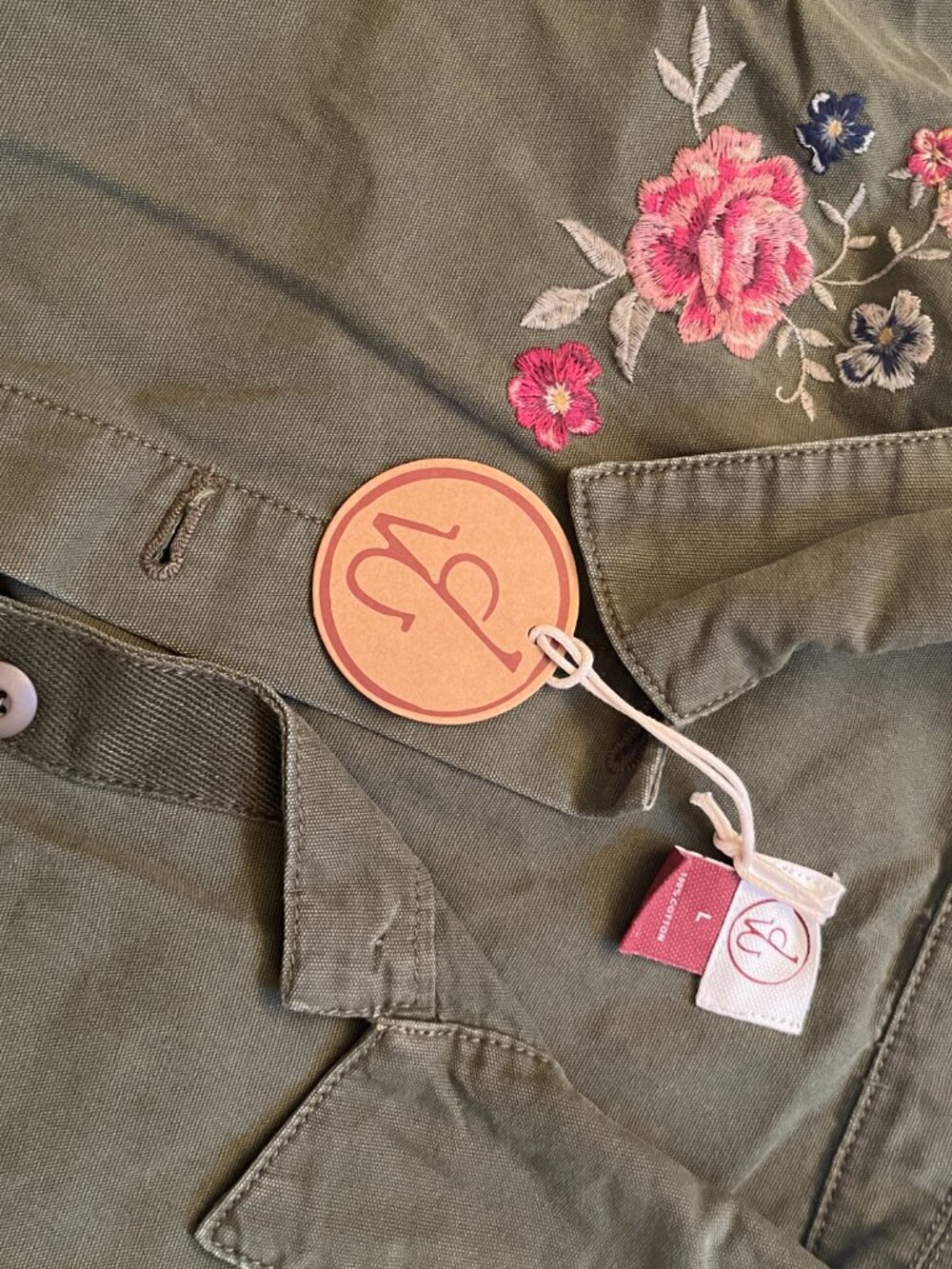 Driftwood Olive Green Floral Embroidered NWT Utility Jacket, Size: L - Picture 3 of 13